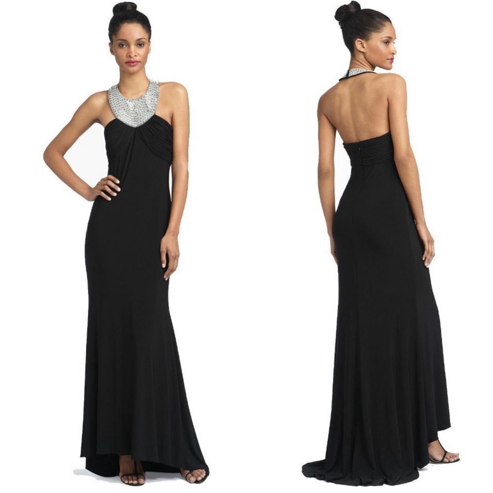 NWT  JS Boutique Beaded Halter Dress Gown Formal Embellished Maxi Black Size 12